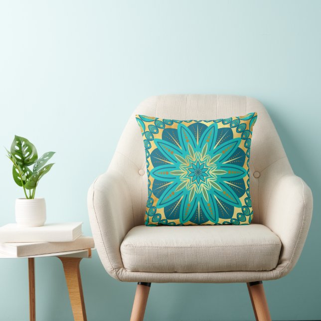 Blue Gold Flower Mandala Cushion (Chair)