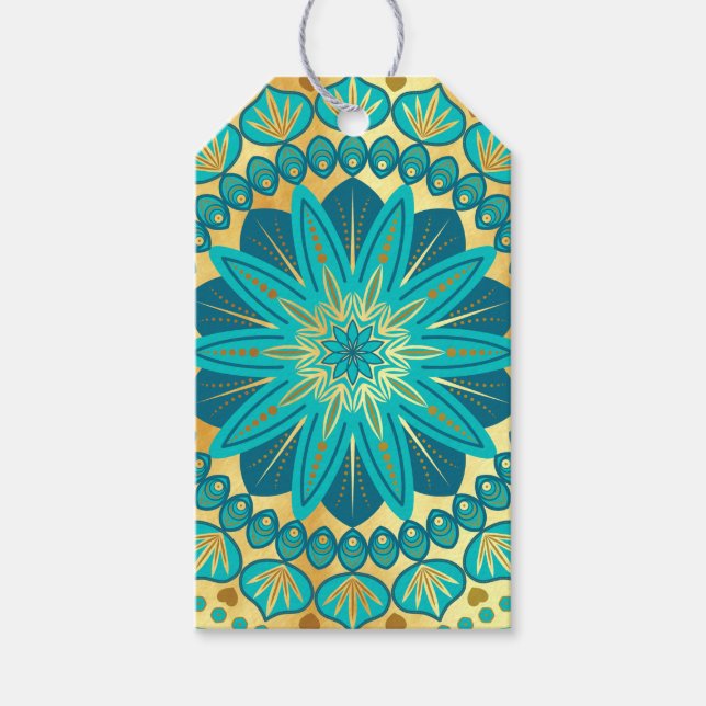 Blue Gold Flower Mandala Gift Tags (Front)