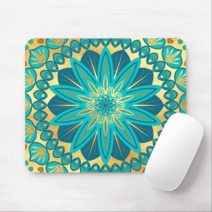 Blue Gold Flower Mandala Mouse Pad