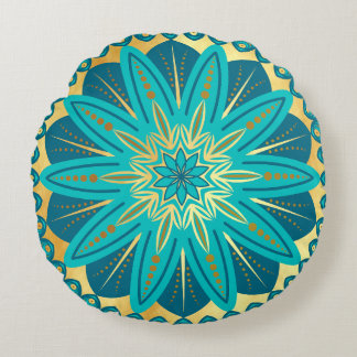 Blue Gold Flower Mandala Round Cushion