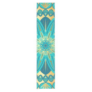Blue Gold Flower Mandala Short Table Runner