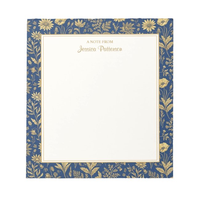 Blue & Gold Flower Toile Pattern Personalized Notepad (Front)