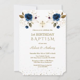 Blue Gold Flowers Boys Twins 1st Birthday Baptism Invitation