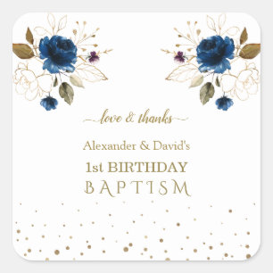 Blue Gold Flowers Boys Twins 1st Birthday Baptism  Square Sticker