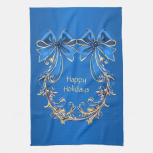 Blue Gold Flowers Holiday Kitchen Towel