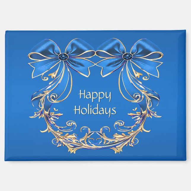 Blue Gold Flowers Holiday Magnet (Front)