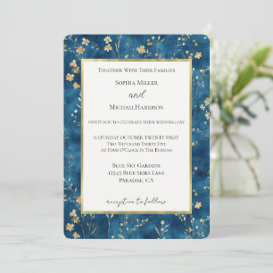 Blue Gold Flowers Wedding Invitation