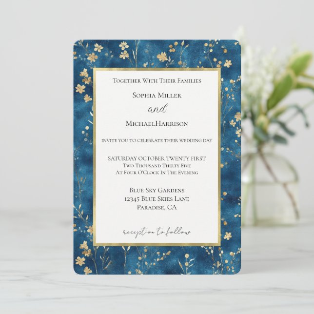 Blue Gold Flowers Wedding Invitation (Standing Front)