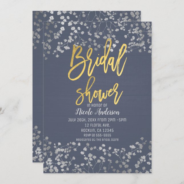 Blue Gold Foil Baby's Breath Modern Bridal Shower Invitation (Front/Back)