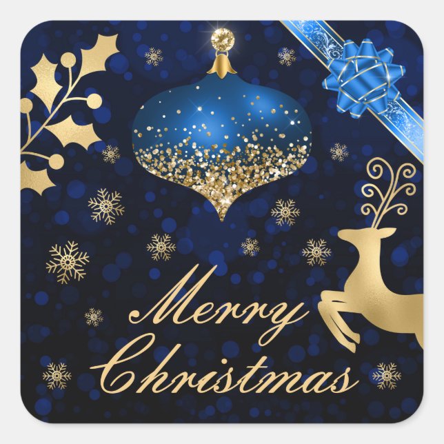 Blue & Gold Foil Christmas bauble and Ribbon Square Sticker (Front)