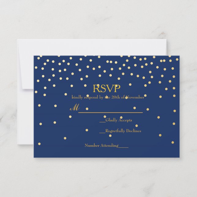 Blue & Gold Foil Confetti Dots Wedding RSVP Card (Front)