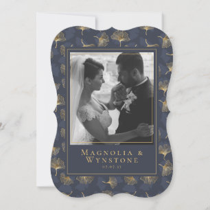 Blue Gold Foil Elegant Floral Photo Wedding Thank You Card