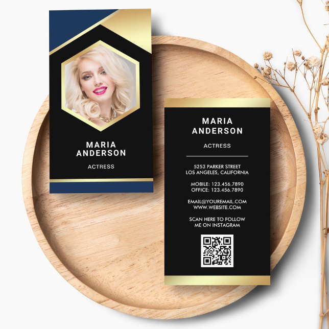 Blue Gold Foil Model Actress QR Code Photo Business Card (Creator Uploaded)