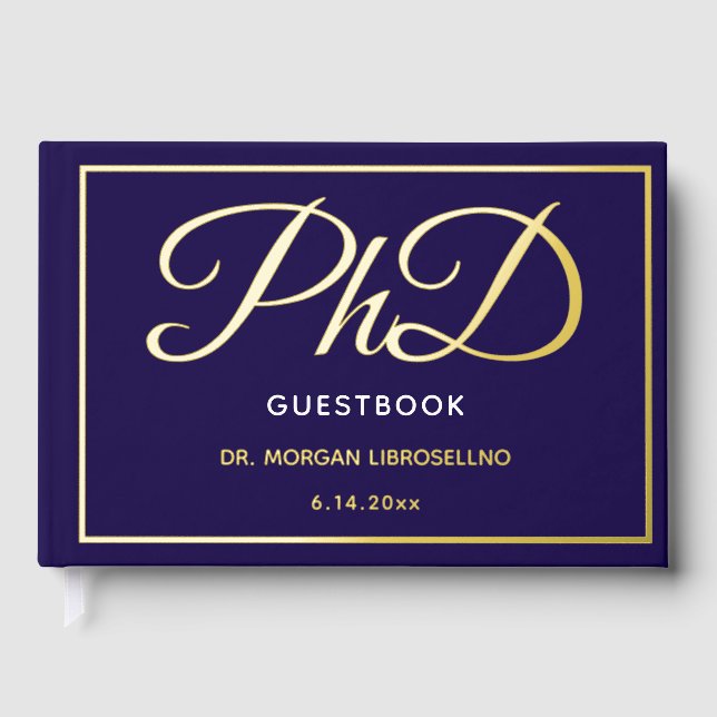 Blue Gold Foil PhD Graduation  Guest Book (Front)