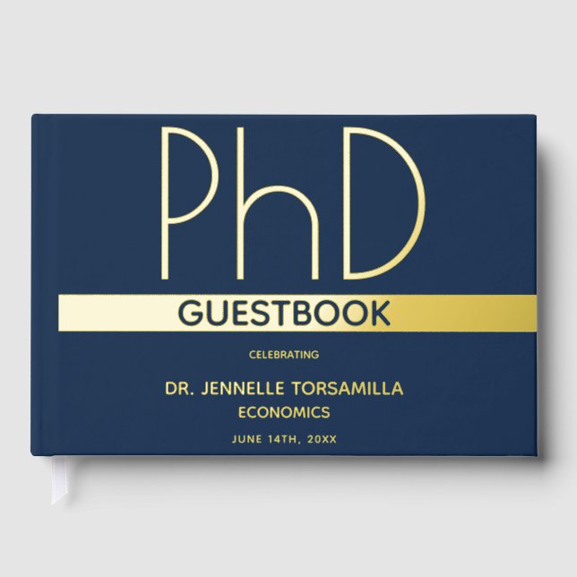 Blue Gold Foil PhD Graduation Guest Book (Front)