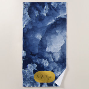 Blue Gold Foil Sea Crystals Signature Script Beach Towel