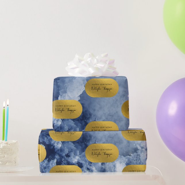 Blue Gold Foil Sea Crystals Signature Script Wrapping Paper (Party Gifts)