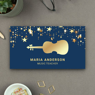 Blue Gold Foil Violin Music Teacher Violinist Business Card