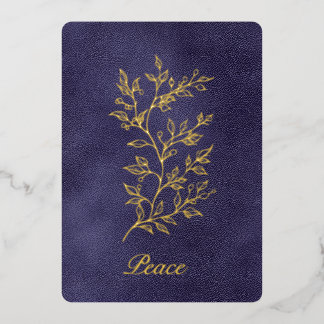 Blue Gold Foliage Peace Script Non Photo Chrismas Foil Holiday Card