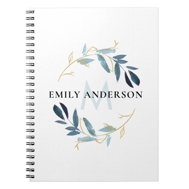 BLUE GOLD FOLIAGE WATERCOLOR WREATH MONOGRAM NOTEBOOK (Front)