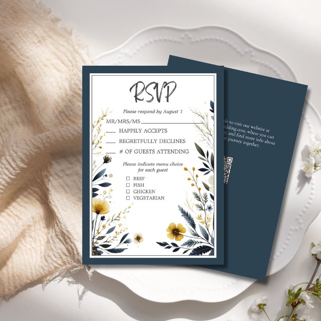 Blue Gold Formal Elegant Floral Wedding RSVP Card (Blue and Yellow Wildflowers Floral Elegant Wedding RSVP Card, with QR code for wedding website.)