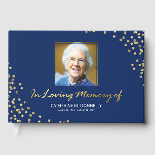 Blue Gold Funeral Condolence   Photo Memorial Guest Book