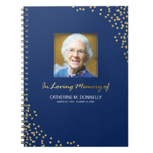 Blue Gold Funeral Condolence Photo Memorial Notebook