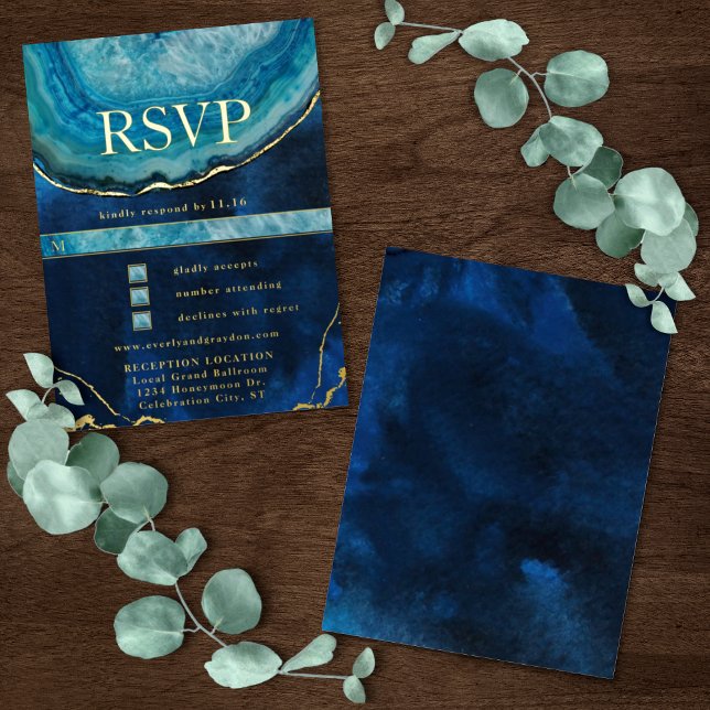 Blue Gold Galaxy Agate Wedding  RSVP    Foil Invitation Postcard (Creator Uploaded)