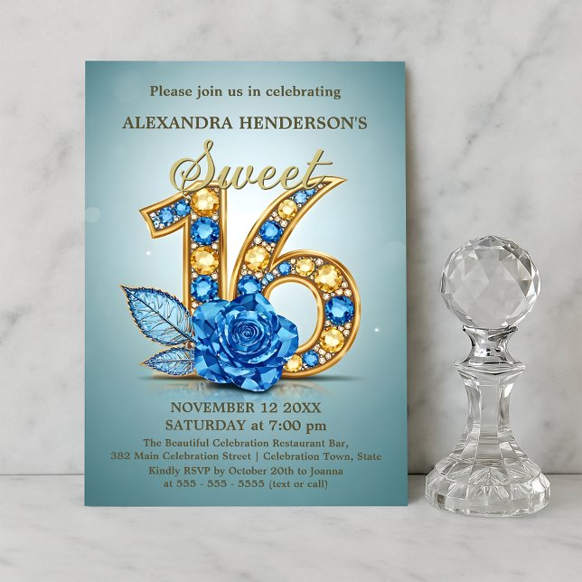  Blue Gold Gemstone Rose Jewelled Sweet Sixteen  Invitation (Creator Uploaded)