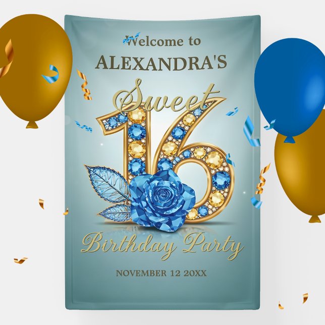 Blue Gold Gemstones Crystal Rose Sweet 16 Welcome Banner (Creator Uploaded)