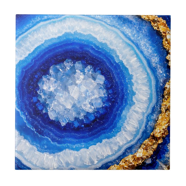 Blue Gold Geode Resin Pattern Ceramic Tile (Front)