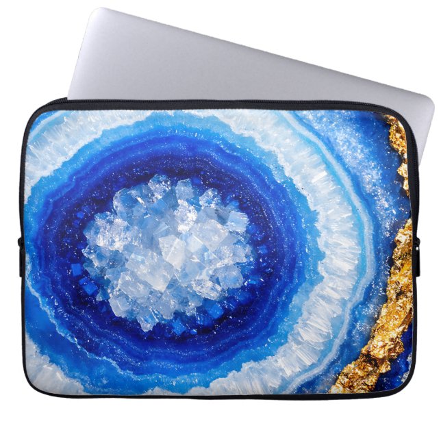 Blue Gold Geode Resin Pattern Laptop Sleeve (Front)