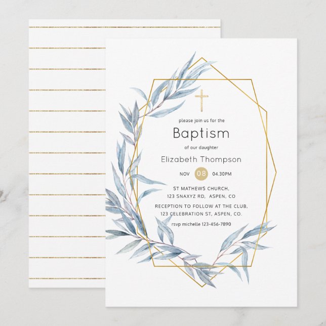 Blue & Gold Geometric Eucalyptus Leaf Baptism Invitation (Front/Back)