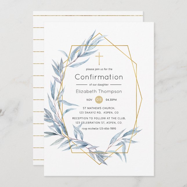 Blue & Gold Geometric Eucalyptus Leaf Confirmation Invitation (Front/Back)