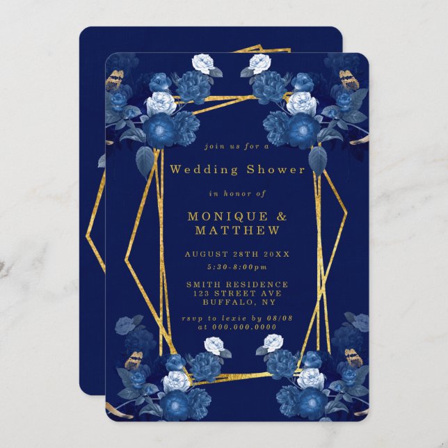 Blue & Gold Geometric Flora Wedding Shower Invite (Front/Back)