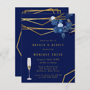 Blue & Gold Geometric Floral Brunch & Bubbly Invitation