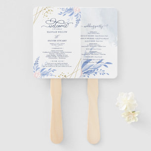 Blue Gold Geometric Pink Floral Wedding Programs Hand Fan