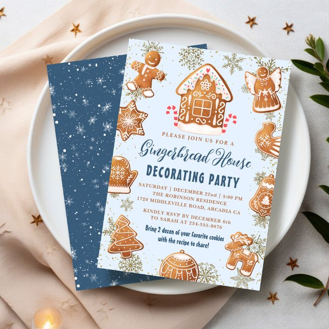 Blue Gold Gingerbread House Decorating Party Invitation (Creator Uploaded)