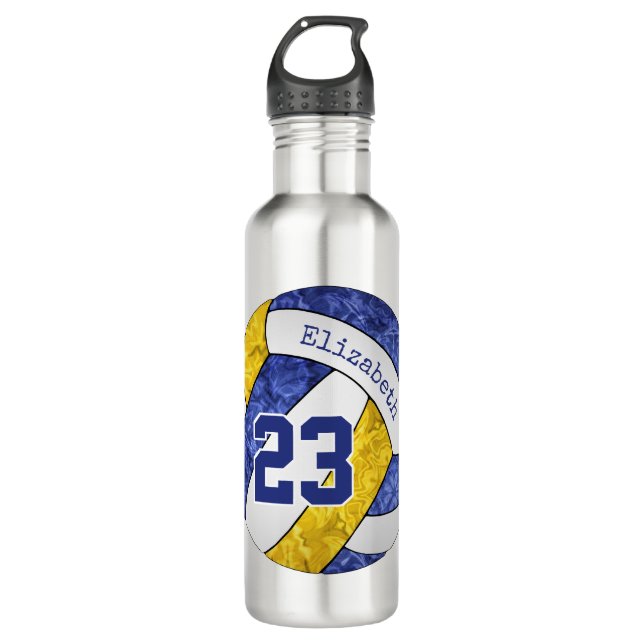 blue gold girls volleyball team colours name numbe 710 ml water bottle (Front)