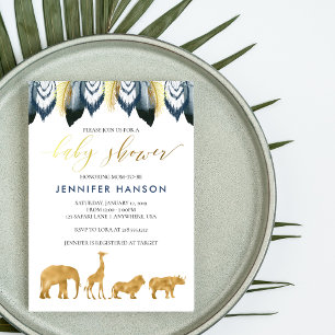 Blue Gold Glam Safari Baby Shower Invitation