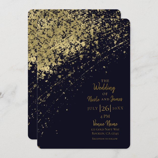 Blue & Gold Glamour Paint Splatter Modern Wedding Invitation (Front/Back)