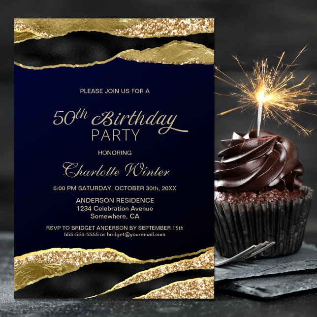 Blue Gold Glitter 50th Birthday Party Invitation (Creator Uploaded)
