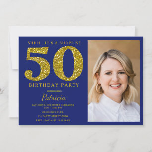 Blue Gold Glitter 50th Surprise Birthday Photo Invitation