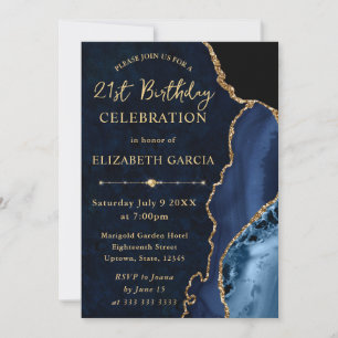 Blue & Gold Glitter Agate and marble Birthday Invitation