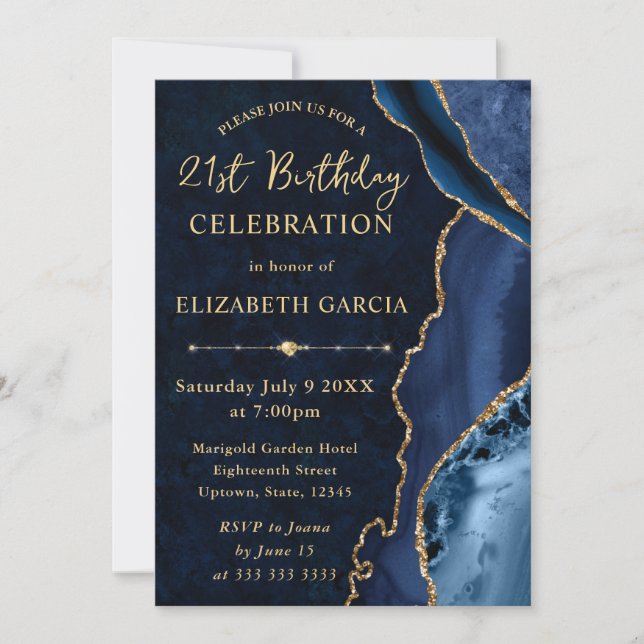 Blue & Gold Glitter Agate and marble Birthday Invitation (Front)