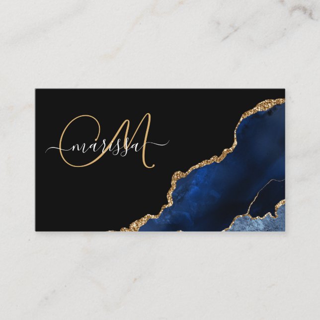 Blue Gold Glitter Agate Geode Monogram Calling Card (Front)