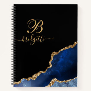 Blue Gold Glitter Agate Geode Monogram Notebook