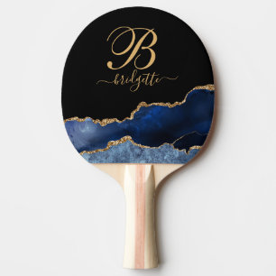 Blue Gold Glitter Agate Geode Monogram Ping Pong Paddle