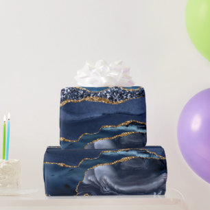 Blue Gold Glitter Agate Marble Trendy Chic Wrapping Paper