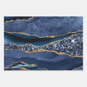 Blue Gold Glitter Agate Marble Trendy  Wrapping Paper Sheet